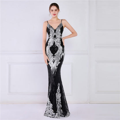 Wings Pattern Sequin Mesh Strappy Gown - Lady Occasions