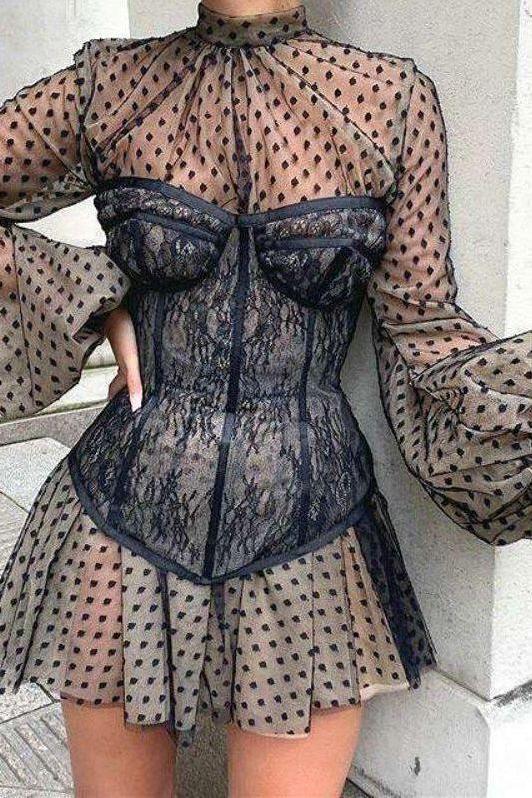 Lantern sleeve chiffon stitching A-line corset dress