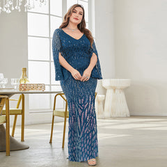 Plus Size Long Sleeve Deep V Plunge Slim Fishtail Evening Dress Cocktail Party Dress