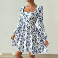 French Square Collar Elegant Dress  High Waist Backless Lace up Floral