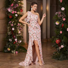 Diagonal Collar Tube Top Printed Dress High Slit Irregular Asymmetric Hem Dress