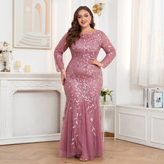 Plus Size Long Sleeve round Neck Full Lining Back Zipper Fishtail Dress Embroidered Evening Dress
