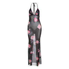 V Neck Backless Personalized Stylish Print Halter Lace Up Dress