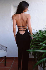 Round Halter Neck Backless Slit Mid-Length Dress