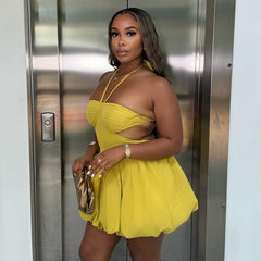 Sweet Fresh Halter Tube Top Backless High Waist Short Dress Puffy dress