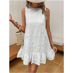 White Embroidered Round Neck Vest Dress