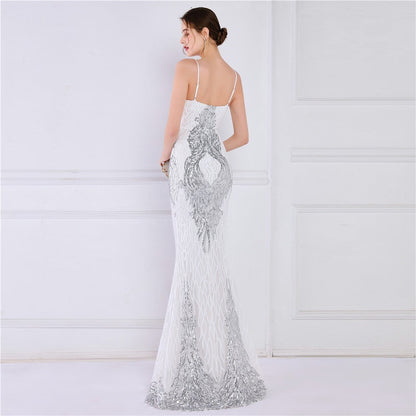 Wings Pattern Sequin Charming Mesh Strappy Gown