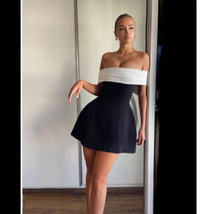 off Shoulder Black White Contrast Color Tight Waist a Swing Design Bow Dress