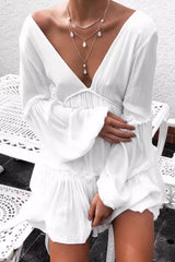 Deep V Neck Lantern Long Sleeve Dress