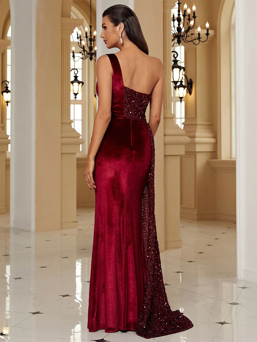 Cleo Formal Stylish One-Shoulder Velvet Dress