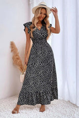 V-Neck Ruffle Sleeve High Waist Dress