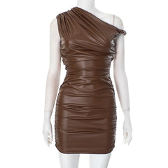 Faux Leather Stitching Diagonal Collar Twisted Pleated Sheath Dress