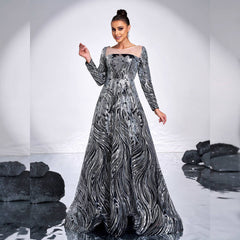 High Grade Long Sleeved round Neck Cocktail Rope Large Swing Sequined Evening Dress Bridesmaid Dress