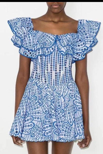 One-Shoulder Ruffled Hollow Embroidery Slim Waist Dress