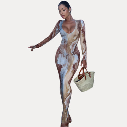 printed sexy V-neck slim long dress