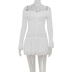 off Neck Long Sleeve High Waist Slimming Pleating A Line Solid Color Dress