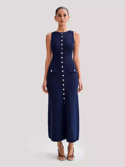 Elegant sleeveless button long dress