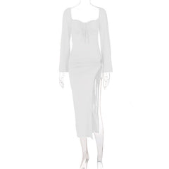 Long Sleeve Lace Up Slim Fit Backless Hollow Out Cutout Split Dress
