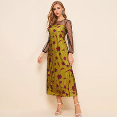 round Neck Long Sleeve Elastic Waist Long Patchwork Elegant Dress