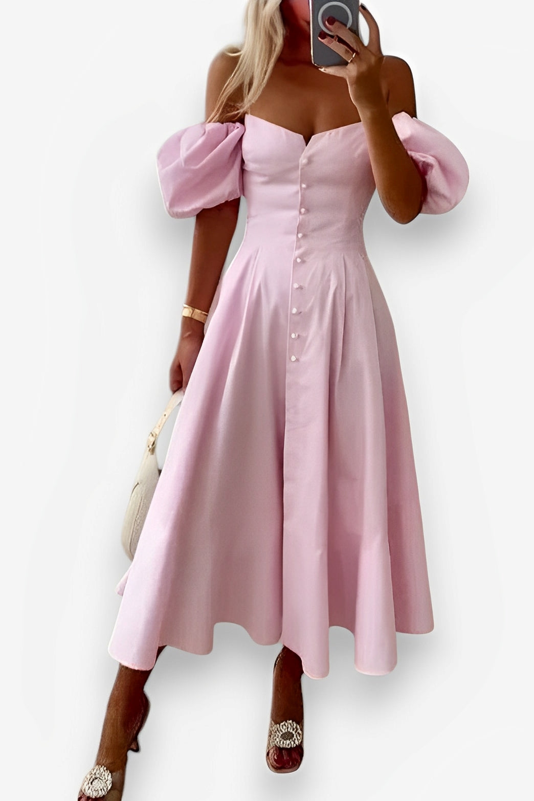Off-shoulder short-sleeved long sweet waist dress