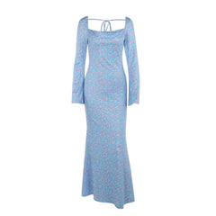 Fall Maxi Dress Elegant Slim Fit Small Horn Printed Sleeve