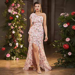 Diagonal Collar Tube Top Printed Dress High Slit Irregular Asymmetric Hem Dress