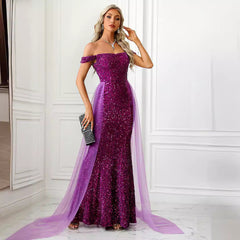 Off Neck Backless Drop Shoulder Dress Mop Mesh Decoration Maxi Dress