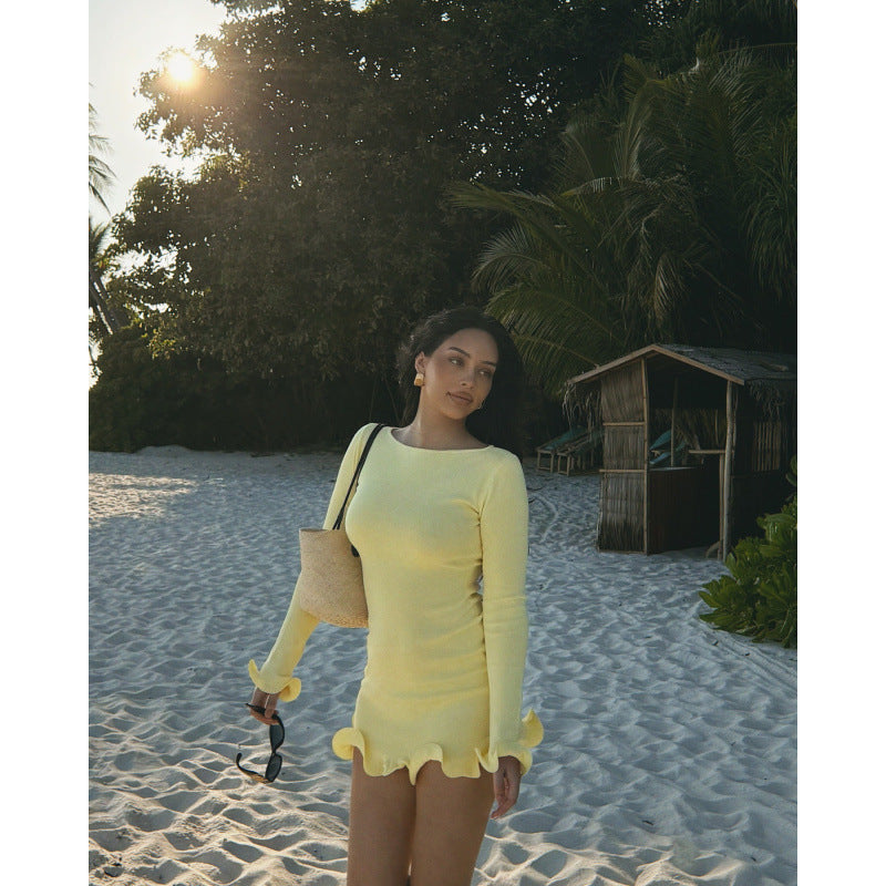 Solid Long Sleeve Crew Neck Ruffled Fitted Waist Sweater Dress