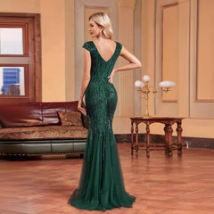 Green Beaded Dress Long Slim Fishtail Bridesmaid Cocktail Evening Dress for