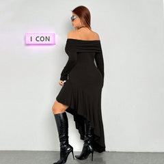 Elegant Dress  Boat Collar Wooden Ear Midi Dress