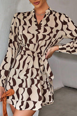 Digital Printed V-neck Tie High Waist Dress