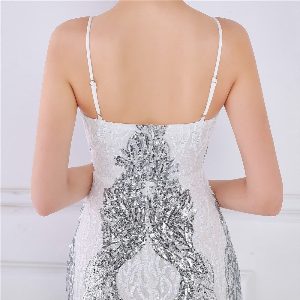 Wings Pattern Sequin Charming Mesh Strappy Gown