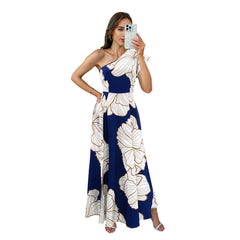 Elegant Large Print Dress Diagonal Collar Backless Zipper High Slit Dress