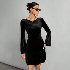 Simple Intellectual Dress  Backless Lace Up All Match Black Dress