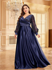 plus Size Satin V neck Long Sleeve Dress Slim Fit Maxi Dress Sequin Cocktail Evening