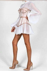 Lantern sleeve chiffon stitching A-line corset dress