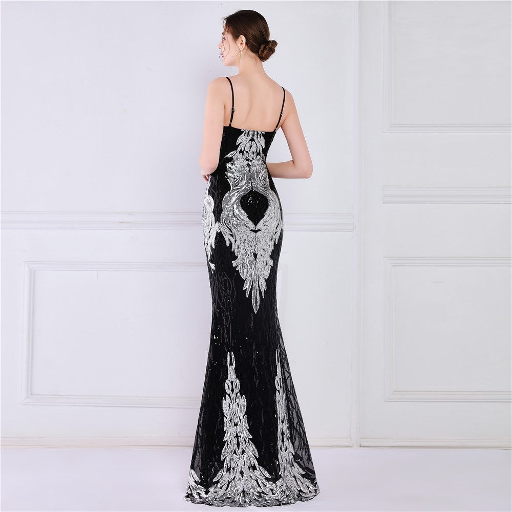 Wings Pattern Sequin Charming Mesh Strappy Gown