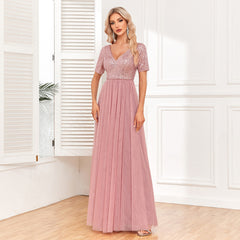 Elegant Short Sleeve Stitching Double V Neck A Line Tulle Evening Dress A Swing Sequined Dress