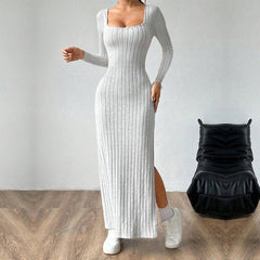 Simple Elegant Dress  Square Collar Backless Long Sleeve Mid Length Dress