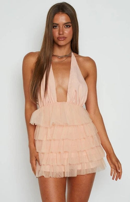 Plunge Neckline Halter Open Back Mini Dress