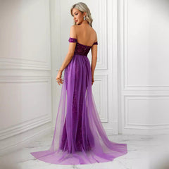 Off Neck Backless Drop Shoulder Dress Mop Mesh Decoration Maxi Dress