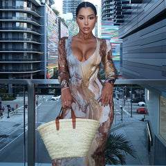 printed sexy V-neck slim long dress