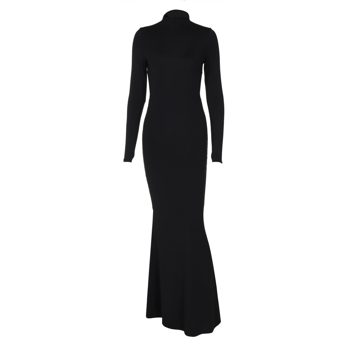 Solid Color Half Collar Long Sleeve Personalized Bare Back Maxi Dress
