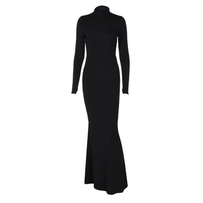Solid Color Half Collar Long Sleeve Personalized Bare Back Maxi Dress