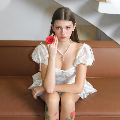 Square Neck Mesh Waist Puff Sleeve Dress