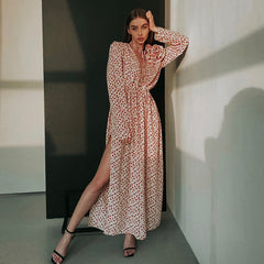 Early Floral Dress Deep V Plunge-neck Lace Up Waist Side Slit Dress