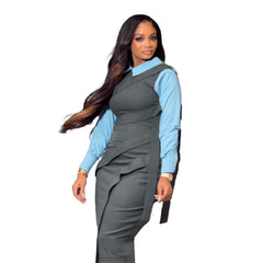 Stitching Contrast Colors False Two Piece Ribbon Slim Back Slit Dress