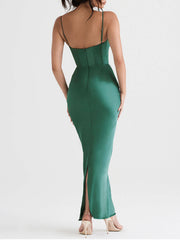 Pile Collar Satin Charming Pleated Suspender Maxi Skirt