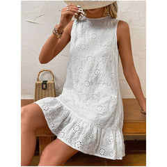 White Embroidered Round Neck Vest Dress