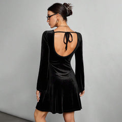 Simple Intellectual Dress  Backless Lace Up All Match Black Dress